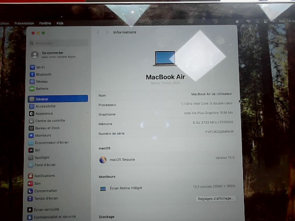 APPLE MACBOOK AIR A2179 I3 8 GO RAM 256 GO SSD 13.3