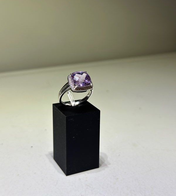 BAGUE OR BLANC 18K AMETHYSTE/DIAMANTS 4.37GR